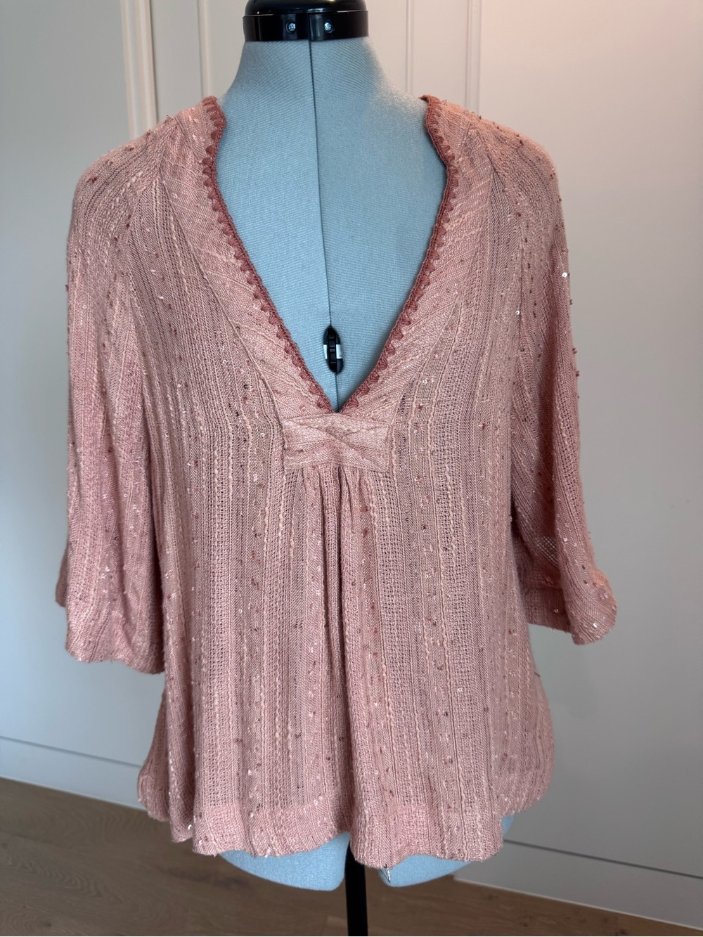 Free People Peach Colored Sequin Knit V-Neck Tunic